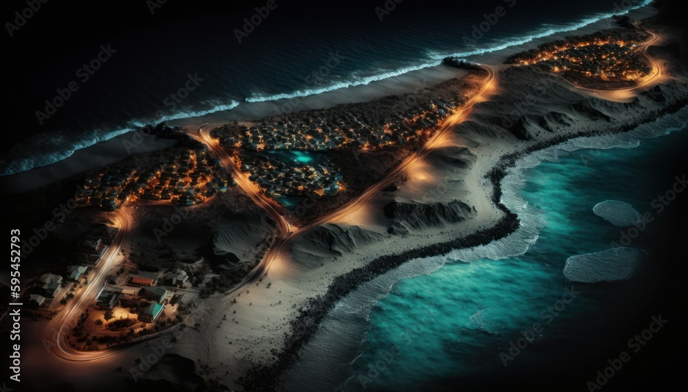 Serenity: A breathtaking aerial view of the tranquil Ocean Nighttime during the serene hours, with a touch of fantasy, creating the perfect background wallpaper for your devices Generative AI
