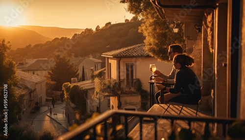 Young couple enjoys wine at sunset outdoors generated by AI