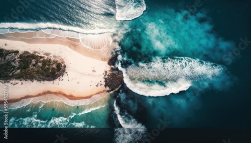 Serenity: A breathtaking aerial view of the tranquil Ocean Midday during the serene hours, with a touch of fantasy, creating the perfect background wallpaper for your devices Generative AI