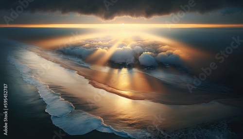 A breathtaking aerial view of the Ocean Morning captured during the serene hours, with a touch of fantasy, making it the perfect background wallpaper for your devices Generative AI © Get Stock