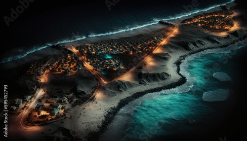 Serenity: A breathtaking aerial view of the tranquil Ocean Nighttime during the serene hours, with a touch of fantasy, creating the perfect background wallpaper for your devices Generative AI