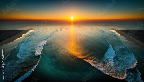 Fantasy meets serenity in this beautiful aerial Ocean Sunrise view featuring the tranquil hours, perfect as a background wallpaper for your devices Generative AI