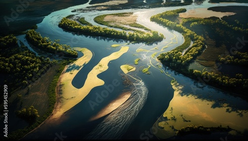 A breathtaking aerial view of the River Afternoon captured during the serene hours, with a touch of fantasy, making it the perfect background wallpaper for your devices Generative AI