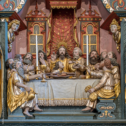 Fototapeta Jesus givs the bread to Judas Iscariot, a medieval reredos
