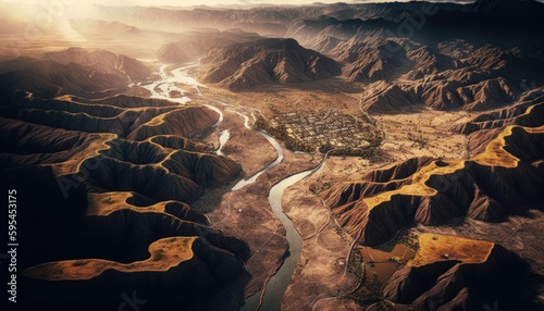 Majestic Valley Midday : A Stunning Aerial View with a Touch of Fantasy, Perfect as a Background Wallpaper for Your Devices. Breathtaking Serenity Captured in Every Detail Generative AI