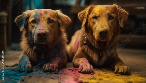 Two loyal pets, dirty but smiling happily generated by AI