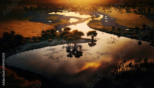 Majestic Savanna Sunset : A Stunning Aerial View with a Touch of Fantasy, Perfect as a Background Wallpaper for Your Devices. Breathtaking Serenity Captured in Every Detail Generative AI