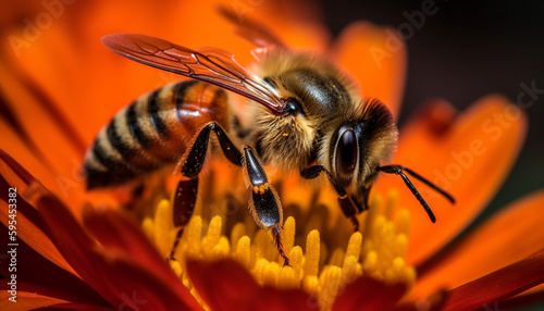 Busy honey bee working on single flower generated by AI