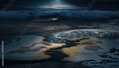 Majestic Tundra Nighttime : A Stunning Aerial View with a Touch of Fantasy, Perfect as a Background Wallpaper for Your Devices. Breathtaking Serenity Captured in Every Detail Generative AI