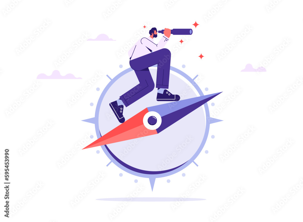 Business guidance direction or opportunity, make decision for business direction, finding investment opportunity, leadership or visionary concept, businessman with binocular and compass