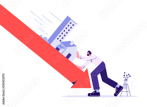 Housing price falling down, real estate and property crash, value drop or decline, home loan or mortgage risk concept, investor push falling housing on graph