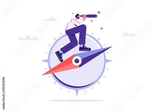 Business guidance direction or opportunity, make decision for business direction, finding investment opportunity, leadership or visionary concept, businessman with binocular and compass