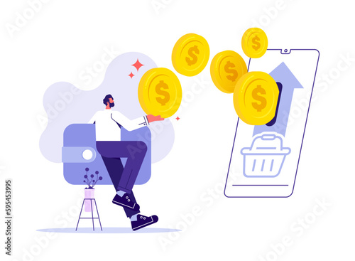 Online cash back concept. Young man receiving cash back for a buyer. Coins or money transfer from smartphone to e-wallet. Online banking. Saving money. Money refund