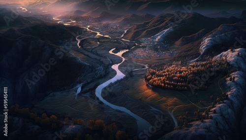 Serenity: A breathtaking aerial view of the tranquil Valley Twilight during the serene hours, with a touch of fantasy, creating the perfect background wallpaper for your devices Generative AI