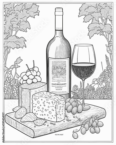 black and white still life of wine grapes and cheese