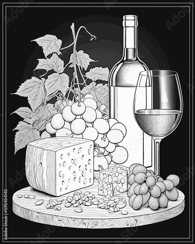 black and white still life of wine grapes and cheese