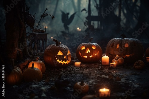 An eerie Halloween scene with spooky decorations and glowing jack-o-lanterns. Generative AI