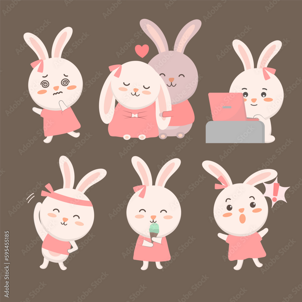 Rabbit Animal characters of various professions and emotions such as stunned, couple, study, sit, exercise, eat, ice cream, surprise.