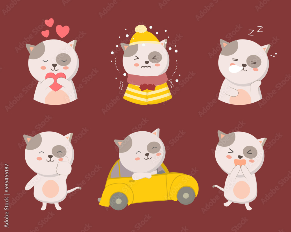 Cat Animal characters of various professions and emotions such as cat, love, chill, shiver, sleep, thumb up, ride, car, surprise
