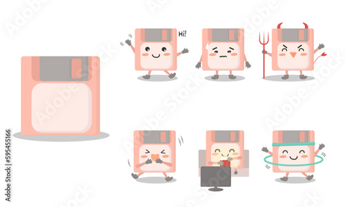 Floppy disk cartoon characters in various posing and emotional such as greeting, anxiety, demon, laugh, entertrain, exercise.