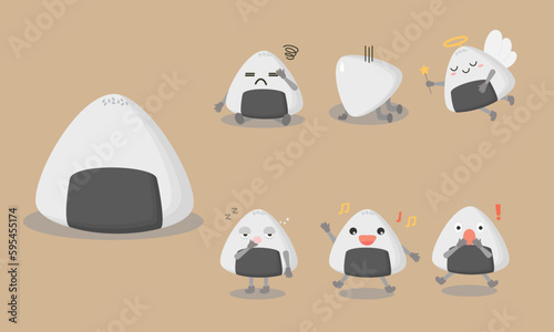 Japanese rice ball cartoon characters in various posing and emotional such as confuse, dizzy, collap, angel, sleep, sing, shock. photo