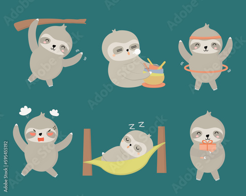 Sloth Animal characters of various professions and emotions such as hang, eat, exercise, get angry, sleep.
