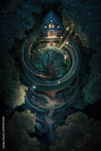  2 3  Colorful Serenity  A breathtaking aerial view of the tranquil giant tree with spiral staircase leading up to magical treehouse Midnight during serene hours  with fantasy Generative AI