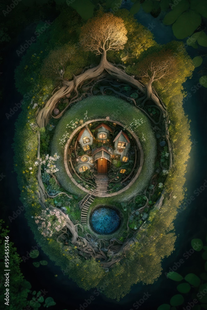 (2:3) Fantasy meets colorful serenity in this beautiful aerial hidden fairy village deep in the woods Afternoon view featuring the tranquil hours Generative AI (2:3) Fantasy meets colorful serenity in this beautiful aerial hidden fairy village deep in the woods Afternoon view featuring the tranquil hours Generative AI
