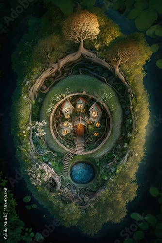 (2:3) Fantasy meets colorful serenity in this beautiful aerial hidden fairy village deep in the woods Afternoon view featuring the tranquil hours Generative AI