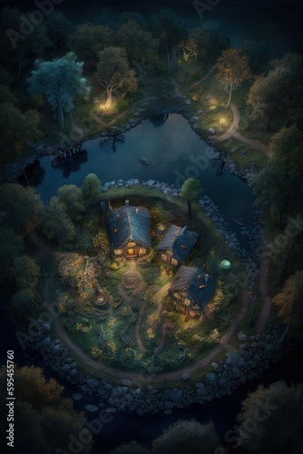  2 3  breathtaking aerial view of the colorful hidden fairy village deep in the woods Evening captured during the serene hours  with a touch of fantasy Generative AI