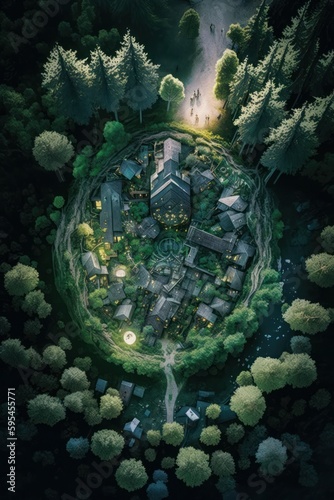  2 3  breathtaking aerial view of the colorful hidden fairy village deep in the woods Midday captured during the serene hours  with a touch of fantasy Generative AI