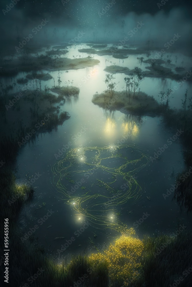 Obraz premium (2:3) breathtaking aerial view of the colorful misty and mysterious swamp with fireflies lighting the way Midday captured during the serene hours, with a touch of fantasy Generative AI