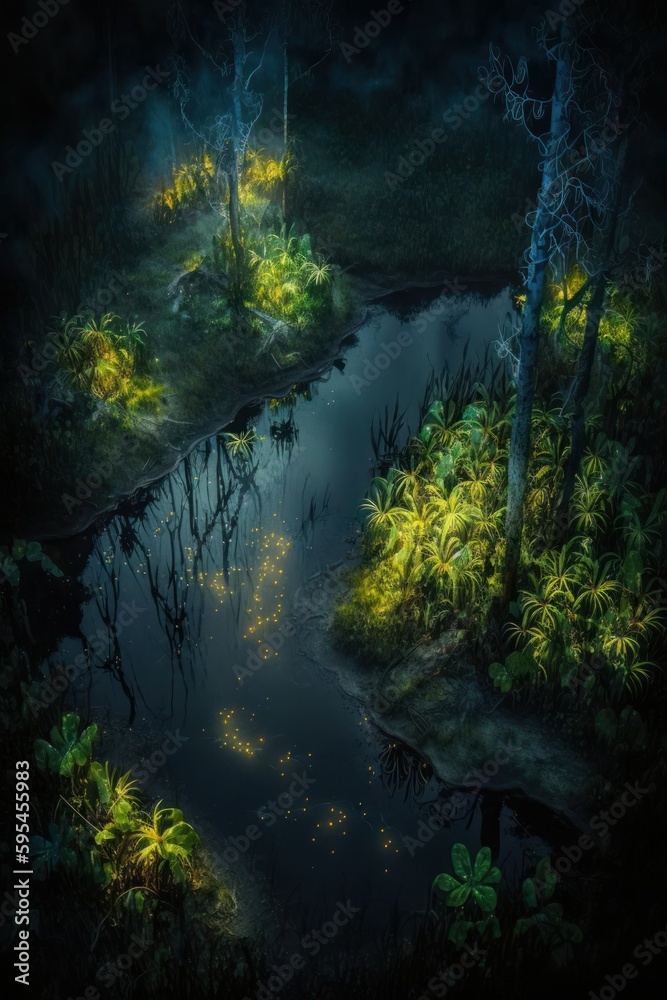 (2:3) breathtaking aerial view of the colorful misty and mysterious swamp with fireflies lighting the way Nighttime captured during the serene hours, with a touch of fantasy Generative AI
