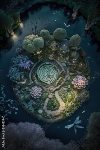 (2:3) Fantasy meets colorful serenity in this beautiful aerial magical garden with giant flowers and whimsical creatures Twilight view featuring the tranquil hours Generative AI