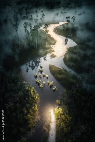  2 3  Colorful Serenity  A breathtaking aerial view of the tranquil misty and mysterious swamp with fireflies lighting the way Midday during serene hours  with fantasy Generative AI