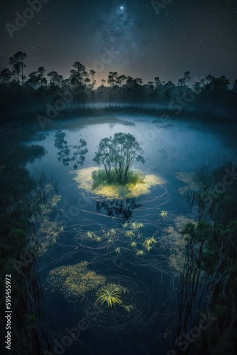 (2:3) Majestic colorful misty and mysterious swamp with fireflies lighting the way Midnight : A Stunning Aerial View with a Touch of Fantasy. Breathtaking Serenity Captured Generative AI