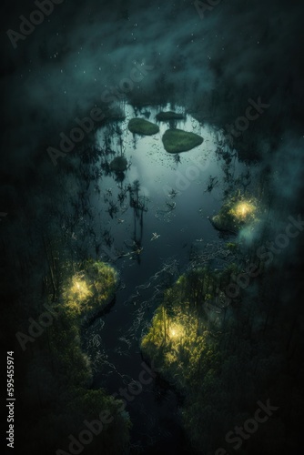  2 3  Fantasy meets colorful serenity in this beautiful aerial misty and mysterious swamp with fireflies lighting the way Midnight view featuring the tranquil hours Generative AI