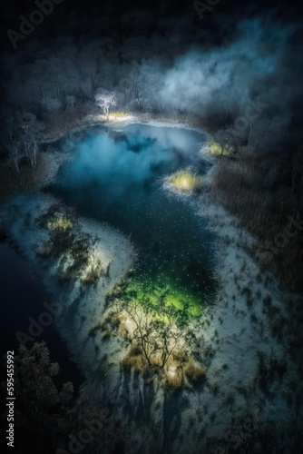  2 3  Fantasy meets colorful serenity in this beautiful aerial misty and mysterious swamp with fireflies lighting the way Nighttime view featuring the tranquil hours Generative AI