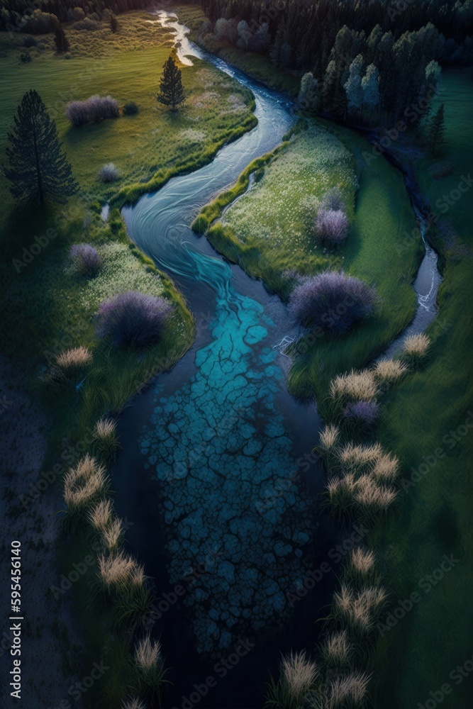 (2:3) breathtaking aerial view of the colorful peaceful meadow with crystal-clear stream running through it Twilight captured during the serene hours, with a touch of fantasy Generative AI