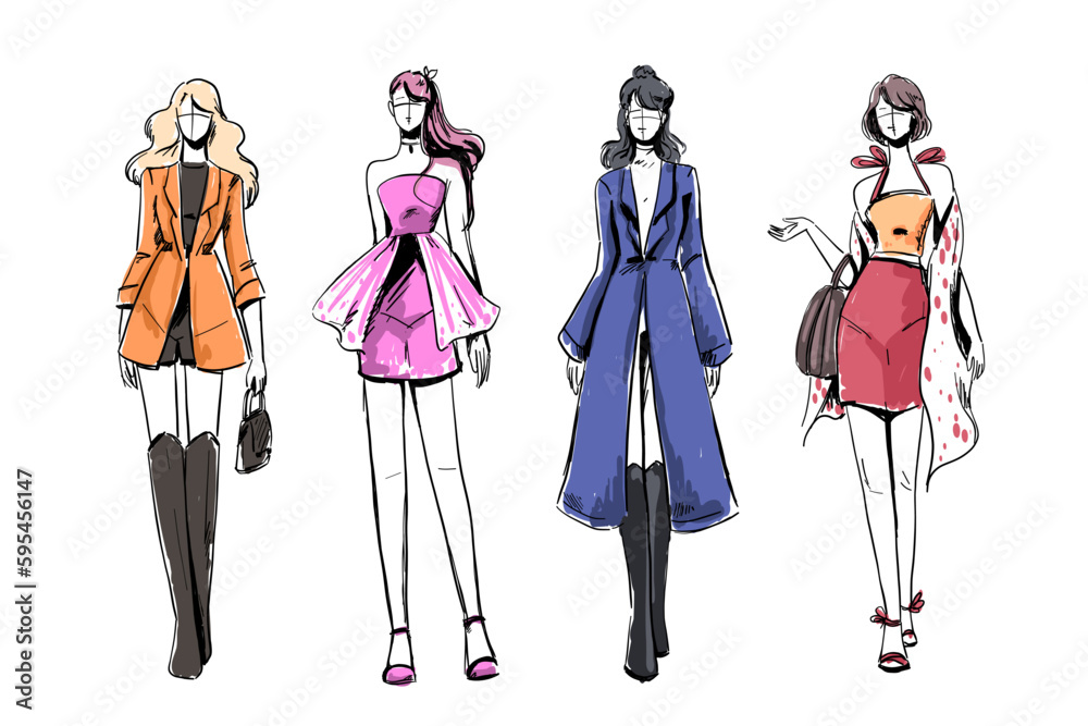 Sketches of beautiful and diverse fashion outfits.