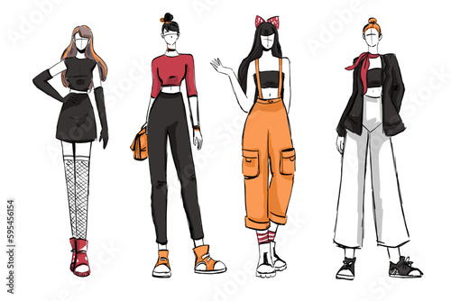 Sketches of beautiful and diverse fashion outfits.