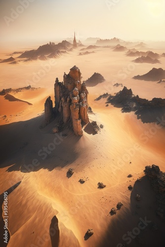 (2:3) breathtaking aerial view of the colorful rocky desert with towering rock formations and giant sandstorms Sunrise captured during the serene hours, with a touch of fantasy Generative AI