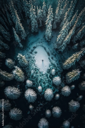  2 3  Colorful Serenity  A breathtaking aerial view of the tranquil snowy forest with glowing snowflakes and friendly yeti creatures Midday during serene hours  with fantasy Generative AI