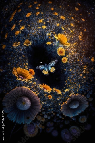 (2:3) Colorful Serenity: A breathtaking aerial view of the tranquil sun-drenched flower field with butterflies and bees buzzing around Midnight during serene hours, with fantasy Generative AI