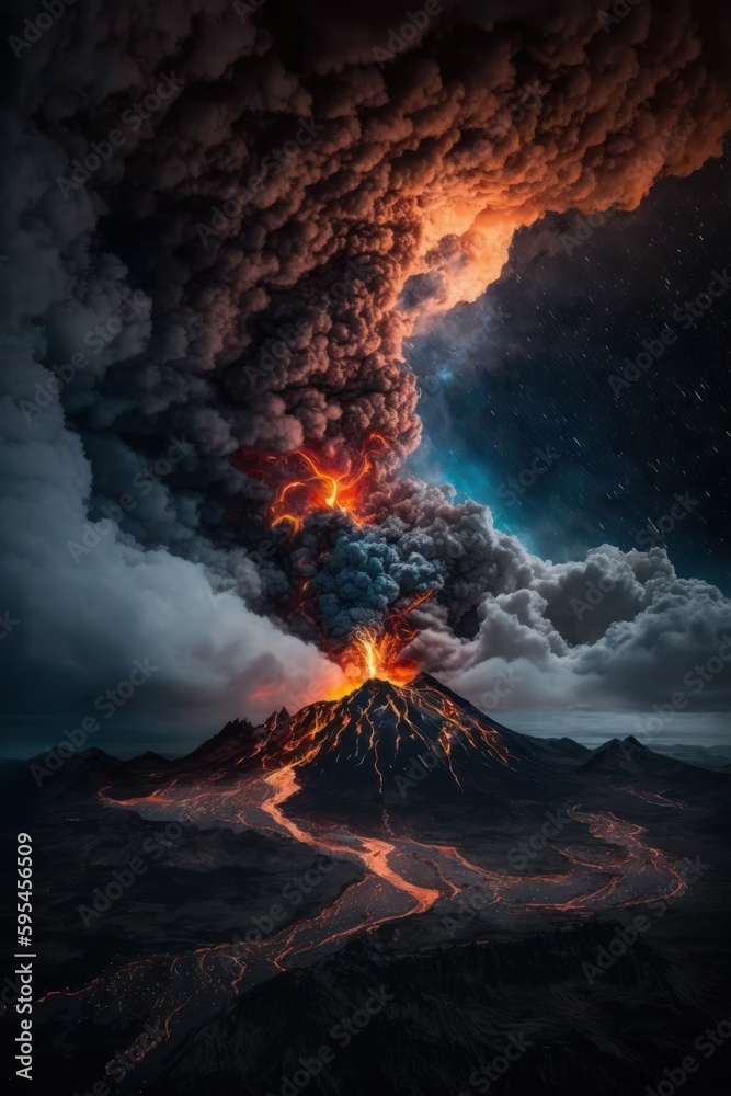 (2:3) breathtaking aerial view of the colorful volcano with lavflowing down the sides and ash clouds in the sky Nighttime captured during the serene hours, with a touch of fantasy Generative AI