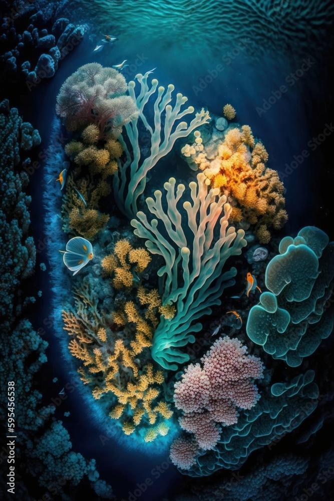 Obraz premium (2:3) Majestic colorful An underwater world with glowing corals and friendly secreatures Evening : A Stunning Aerial View with a Touch of Fantasy. Breathtaking Serenity Captured Generative AI