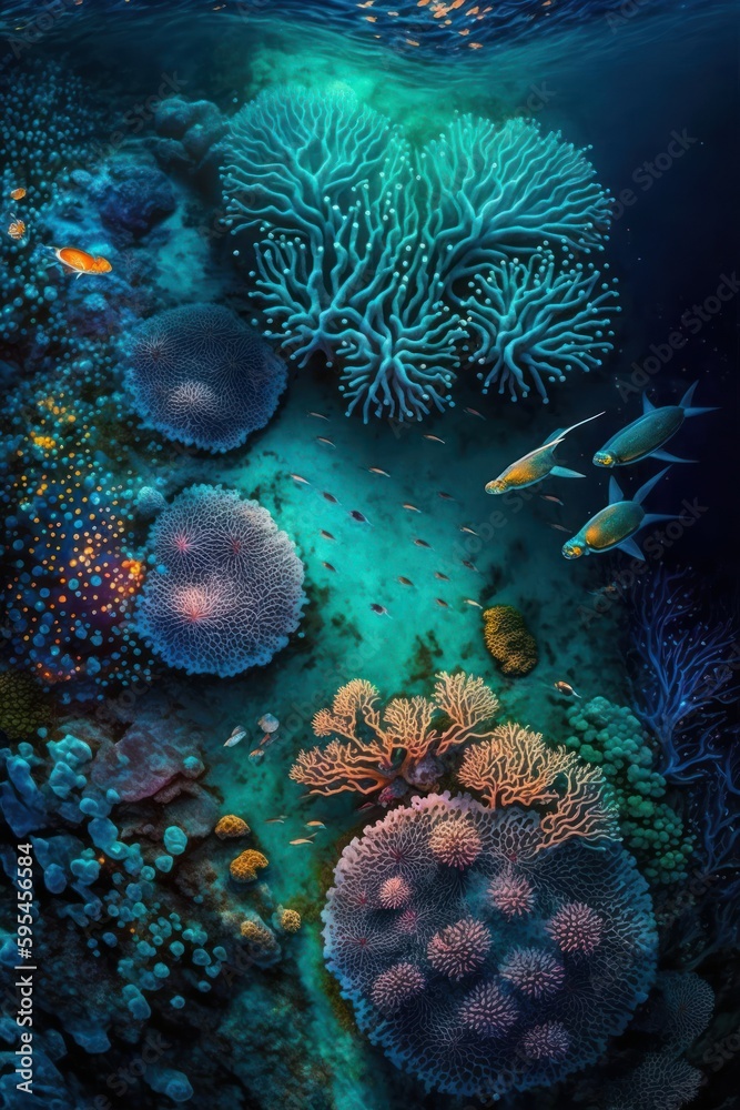 Naklejka premium (2:3) Fantasy meets colorful serenity in this beautiful aerial An underwater world with glowing corals and friendly secreatures Twilight view featuring the tranquil hours Generative AI