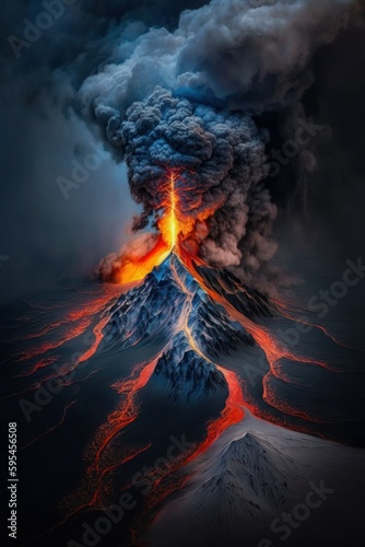 (2:3) Majestic colorful volcano with lavflowing down the sides and ash clouds in the sky Nighttime : A Stunning Aerial View with a Touch of Fantasy. Breathtaking Serenity Captured Generative AI