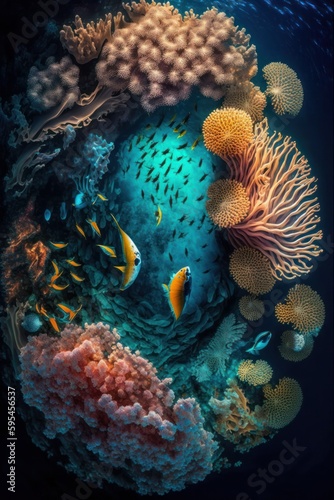(2:3) Colorful Serenity: A breathtaking aerial view of the tranquil An underwater world with glowing corals and friendly secreatures Evening during serene hours, with fantasy Generative AI