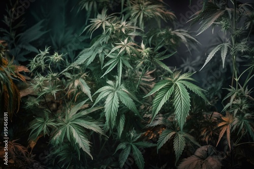 Design backdrop featuring marijuana foliage. Generative AI